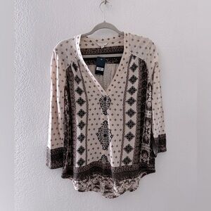 Lucky brand boho geometric 3/4 sleeve V-neck top cotton linen blend size small